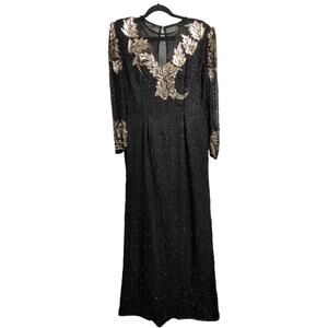 Scala Black Silk Sequin Embellished Long Sleeve Evening Gown Dress Size PL